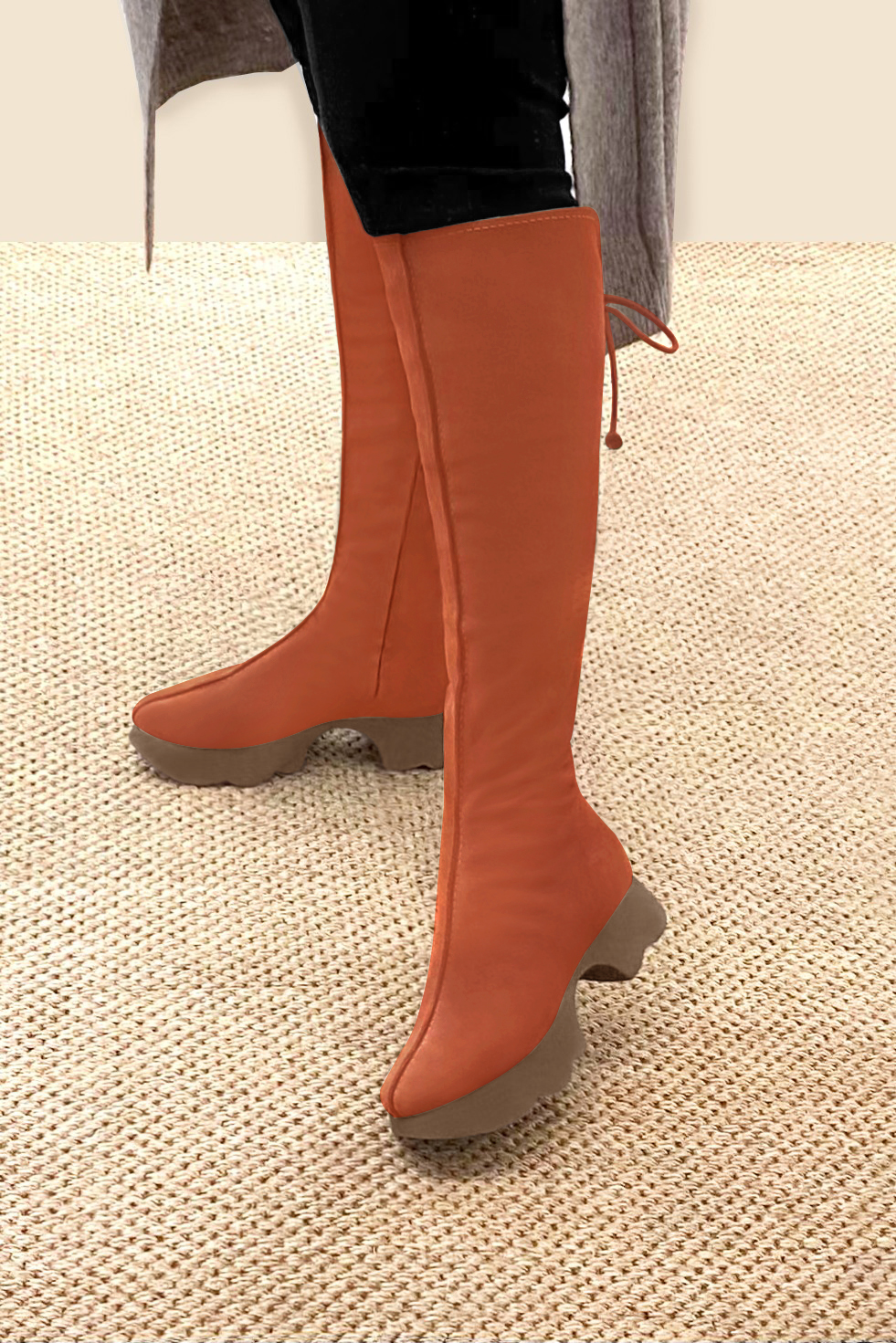 Terracotta orange women's knee-high boots, with laces at the back. Round toe. Low rubber soles. Made to measure. Worn view - Florence KOOIJMAN